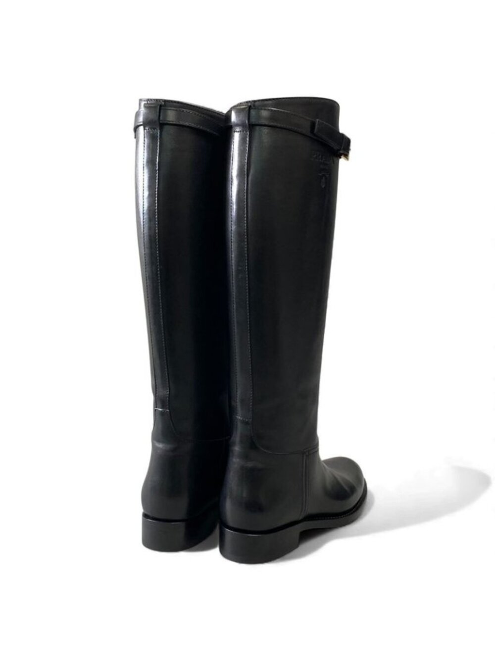 Prada Embossed Logo Long Boots with Buckle Strap 38 Black Leather Shoes Middle - Picture 4 of 11